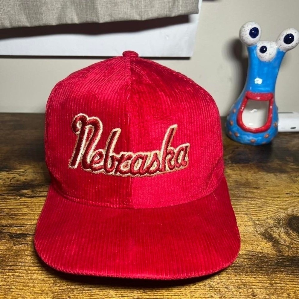 Vintage 1990s Nebraska Corduroy Snapback Hat Red Script Logo Cap OSFA